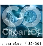 Clipart Of A 3d Blue Toned Medical Anatomical Man With Visible Muscles Running Over A Virus And Dna Background Royalty Free Illustration