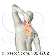 3d Rear View Of A Medical Anatomical Male Reaching Back With Visible Flaming Neck Vertebrae Pain On White