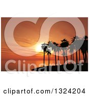 Poster, Art Print Of 3d Silhouetted Tropical Island With Palm Trees Against An Orange Ocean Sunset