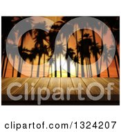 3d Table Or Deck Against Silhouetted Palm Trees And An Orange Sunset