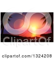Poster, Art Print Of 3d Ocean Sunset With Flares Over A Beach And Palm Trees