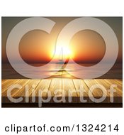 Poster, Art Print Of 3d Table Or Deck Against A Silhouetted Sailboat Against An Orange Ocean Sunset