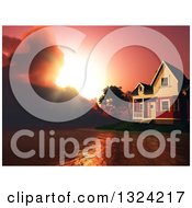 Poster, Art Print Of 3d Lake Front House And Dramatic Red Sunset