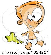 Clipart Of A Cartoon Red Haired White Stinky Baby Boy Walking And Farting Or Pooping Royalty Free Vector Illustration