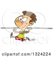 Cartoon Brunette White Boy Running And Preparing To Throw A Javelin