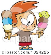Clipart Of A Cartoon Happy White Boy Holding Two Waffle Ice Cream Cones Royalty Free Vector Illustration