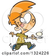Poster, Art Print Of Cartoon Red Haired White Boy Running In An Egg Race