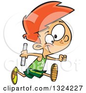 Poster, Art Print Of Cartoon Red Haired White Boy Holding A Baton And Running A Relay Race