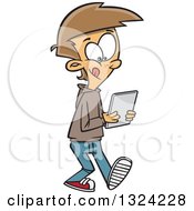 Cartoon White Boy Walking And Using A Tablet Computer