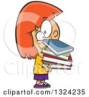 Clipart Of A Cartoon Red Haired White Girl Holding A Stack Of Books Royalty Free Vector Illustration by toonaday