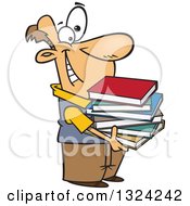 Poster, Art Print Of Cartoon Happy White Man Holding A Stack Of Books