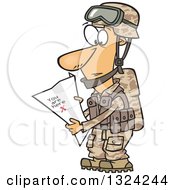 Cartoon White Male Army Soldier Reading A Map With X You Are Here