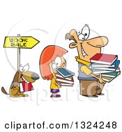 Cartoon Happy Dog White Girl And Man Holding Books And Waiting In Line At A Sale