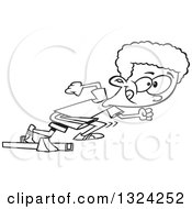 Lineart Clipart Of A Cartoon Black And White African American Track And Field Boy Taking Off In A Sprint Royalty Free Outline Vector Illustration