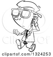 Lineart Clipart Of A Cartoon Black And White Security Boy Walking And Adjusting An Ear Piece Royalty Free Outline Vector Illustration