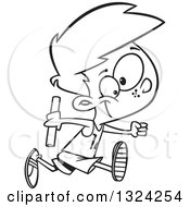 Cartoon Black And White Boy Holding A Baton And Running A Relay Race