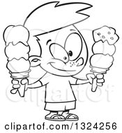 Lineart Clipart Of A Cartoon Black And White Happy Boy Holding Two Waffle Ice Cream Cones Royalty Free Outline Vector Illustration by toonaday