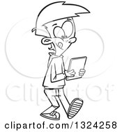 Lineart Clipart Of A Cartoon Black And White Boy Walking And Using A Tablet Computer Royalty Free Outline Vector Illustration by toonaday