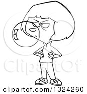 Cartoon Black And White Obnoxious Girl Blowing Bubble Gum