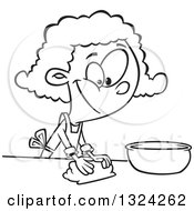 Lineart Clipart Of A Cartoon Black And White Happy African American Girl Kneading Dough And Baking Royalty Free Outline Vector Illustration by toonaday