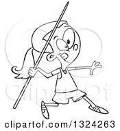 Cartoon Black And White Track And Field Girl Throwing A Javelin