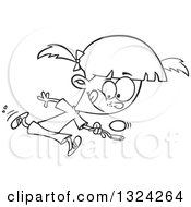 Lineart Clipart Of A Cartoon Black And White Girl Running In An Egg Race Royalty Free Outline Vector Illustration