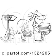 Poster, Art Print Of Cartoon Black And White Happy Dog Girl And Man Holding Books And Waiting In Line At A Sale