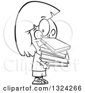 Lineart Clipart Of A Cartoon Black And White Girl Holding A Stack Of Books Royalty Free Outline Vector Illustration