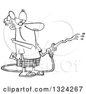 Lineart Clipart Of A Cartoon Black And White Happy Retired Male Doctor Using A Hose Royalty Free Outline Vector Illustration
