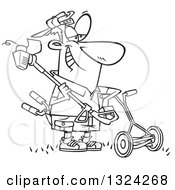 Poster, Art Print Of Cartoon Black And White Happy Lawn Warrior Man Ready To Mow And Weed Whack