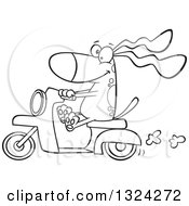 Lineart Clipart Of A Cartoon Black And White Happy Dog Riding A Scooter Royalty Free Outline Vector Illustration