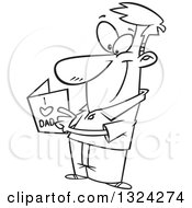 Lineart Clipart Of A Cartoon Black And White Happy Dad Reading A Fathers Day Card Royalty Free Outline Vector Illustration