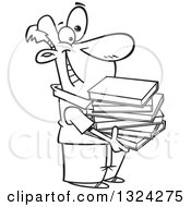 Poster, Art Print Of Cartoon Black And White Happy Man Holding A Stack Of Books