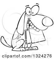 Lineart Clipart Of A Cartoon Black And White Dog Sitting With A Book In His Mouth Royalty Free Outline Vector Illustration