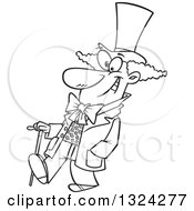 Lineart Clipart Of A Cartoon Black And White Happy Man Willy Wonka Walking With A Cane Royalty Free Outline Vector Illustration