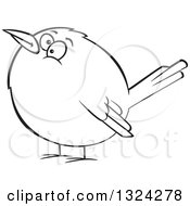 Lineart Clipart Of A Cartoon Black And White Chubby Wren Bird Royalty Free Outline Vector Illustration