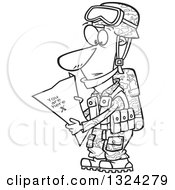 Poster, Art Print Of Cartoon Black And White Army Soldier Reading A Map With X You Are Here
