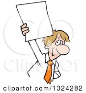 Cartoon Happy Dirty Blond Caucasian Business Man Holding Up A Blank Document