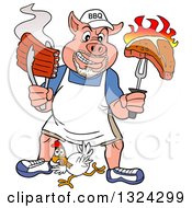 Cartoon Bbq Chef Pig With A Goatee Holding Up A Steak And Hot Ribs Over A Chicken