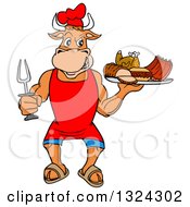 Cartoon Chef Bull Holding A Bbq Platter Of Meats