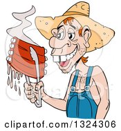 Poster, Art Print Of Buch Toothed Male Hillbilly Holding Juicy Bbq Ribs With Tongs