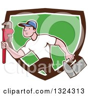 Poster, Art Print Of Cartoon White Male Plumber Sprinting With A Tool Box And Monkey Wrench In A Brown White And Green Shield