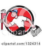 Poster, Art Print Of Cartoon White Male Plumber Sprinting With A Tool Box And Monkey Wrench In A Black White And Red Circle