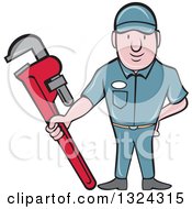 Poster, Art Print Of Cartoon White Male Plumber Holding A Red Monkey Wrench