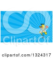 Poster, Art Print Of Cartoon Yellow Duck Plumber Worker Holding A Plunger And Blue Rays Background Or Business Card Design
