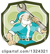 Clipart Of A Retro Cartoon Santa Claus Mechanic With A Giant Wrench In A Green And White Shield Royalty Free Vector Illustration