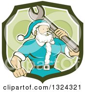 Poster, Art Print Of Retro Cartoon Santa Claus Mechanic With A Giant Wrench In A Green And White Shield