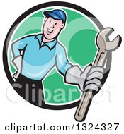 Poster, Art Print Of Cartoon White Male Mechanic Holding Out A Wrench And Emerging From A Black White And Green Circle