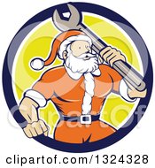 Clipart Of A Retro Cartoon Santa Claus Mechanic With A Giant Wrench In A Blue White And Yellow Circle Royalty Free Vector Illustration
