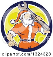 Poster, Art Print Of Retro Cartoon Santa Claus Mechanic With A Giant Wrench In A Blue White And Yellow Circle